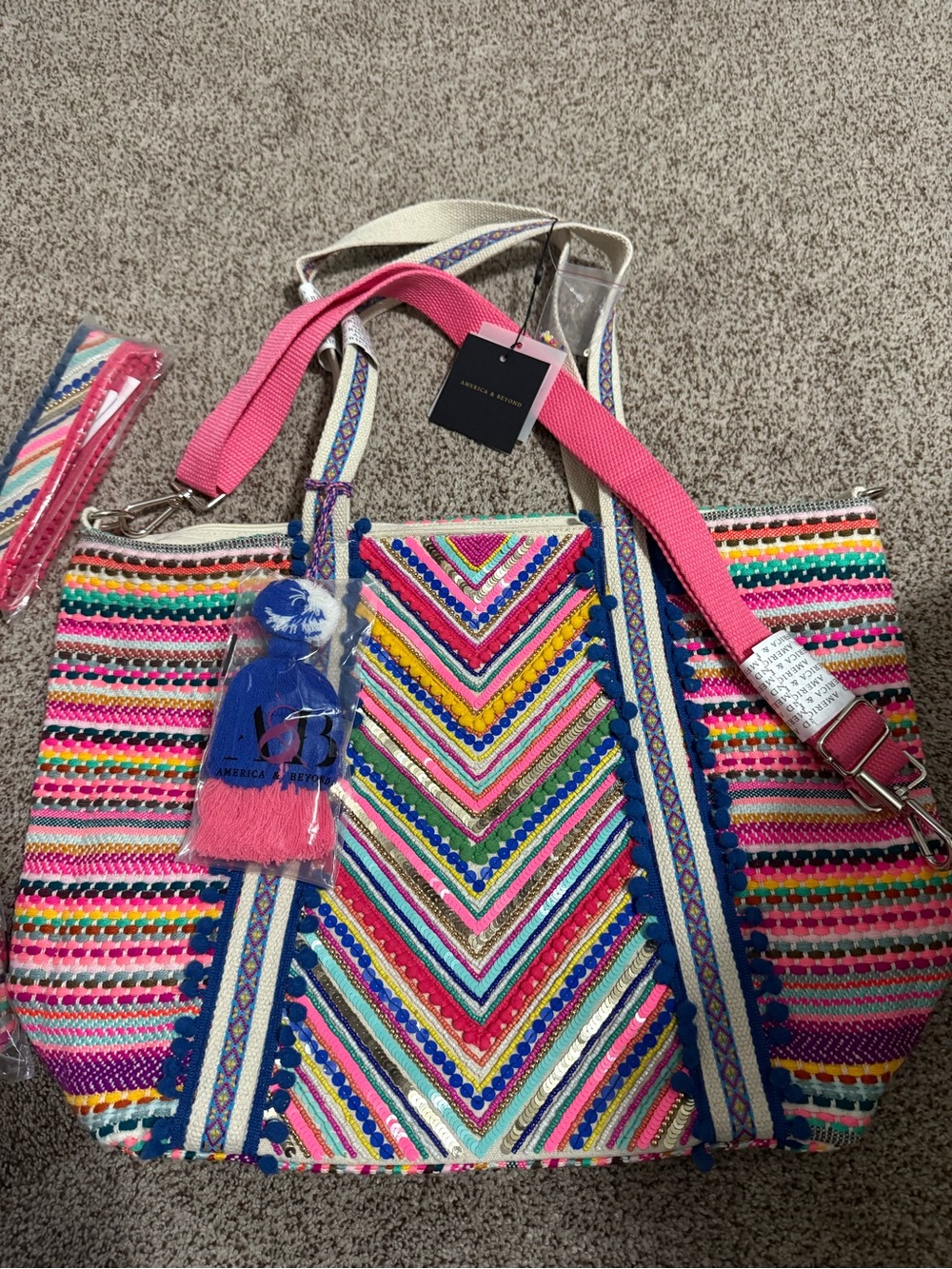 America and Beyond Colorful Patterned Tote Bag with Pink Strap